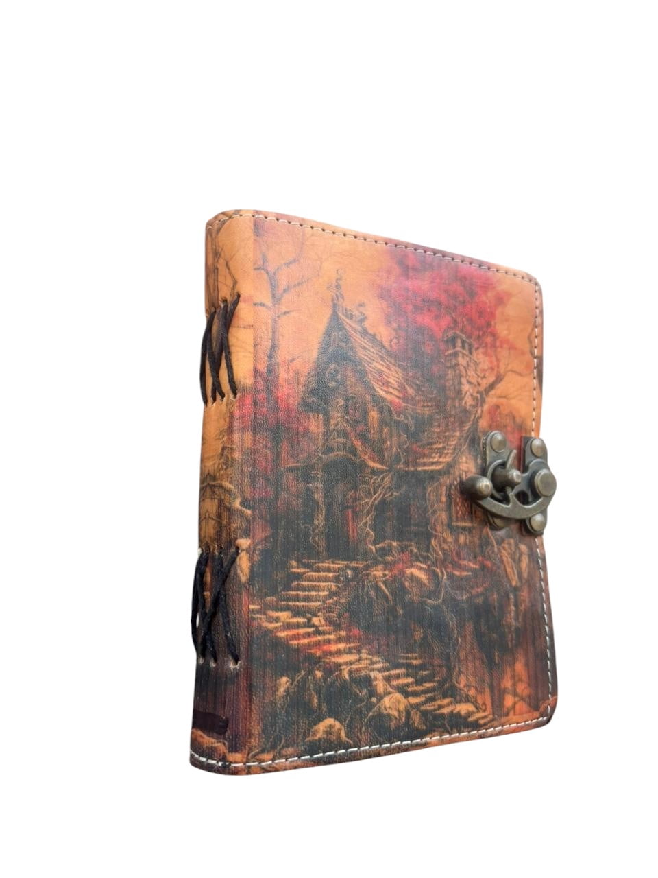 Handmade Leather Journal 5x7 – Gothic House Design, 200 Deckle Edge Pages, Vintage Rustic Notebook with Clasp