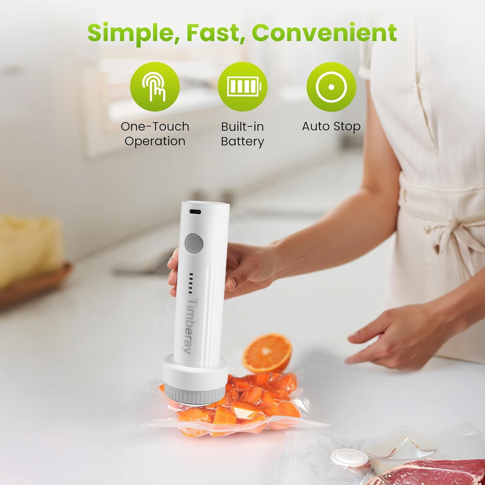 Timberay Food Vacuum Sealer - Compact Strong Suction Portable Sealer for Reusable Bags & Sous Vide Prep