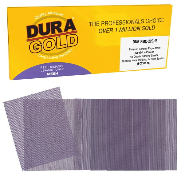 Dura-Gold Premium 220 Grit 1/4 Sheet Size Purple Ceramic Mesh Sandpaper, Box of 16 - 4.5" x 5.5" Dustless Hook & Loop Backing, Palm Sanders, Sanding Blocks - Long-Lasting Fast Cut - Woodworking, Auto