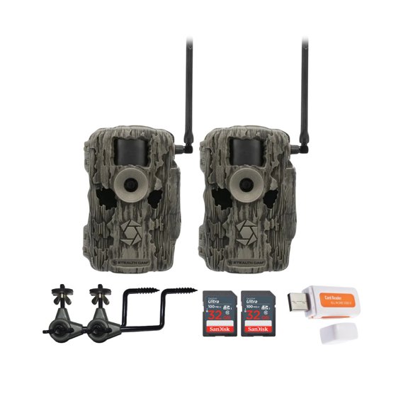 Stealth Cam 36MP Fusion Max Cellular Trail Camera with 80 Feet Detection Range (2-Pack) Bundle with Camera Holder (2-Pack), 32GB Memory Card (2-Pack), and Hi-Speed SD USB 2.0 Card Reader (7 Items)