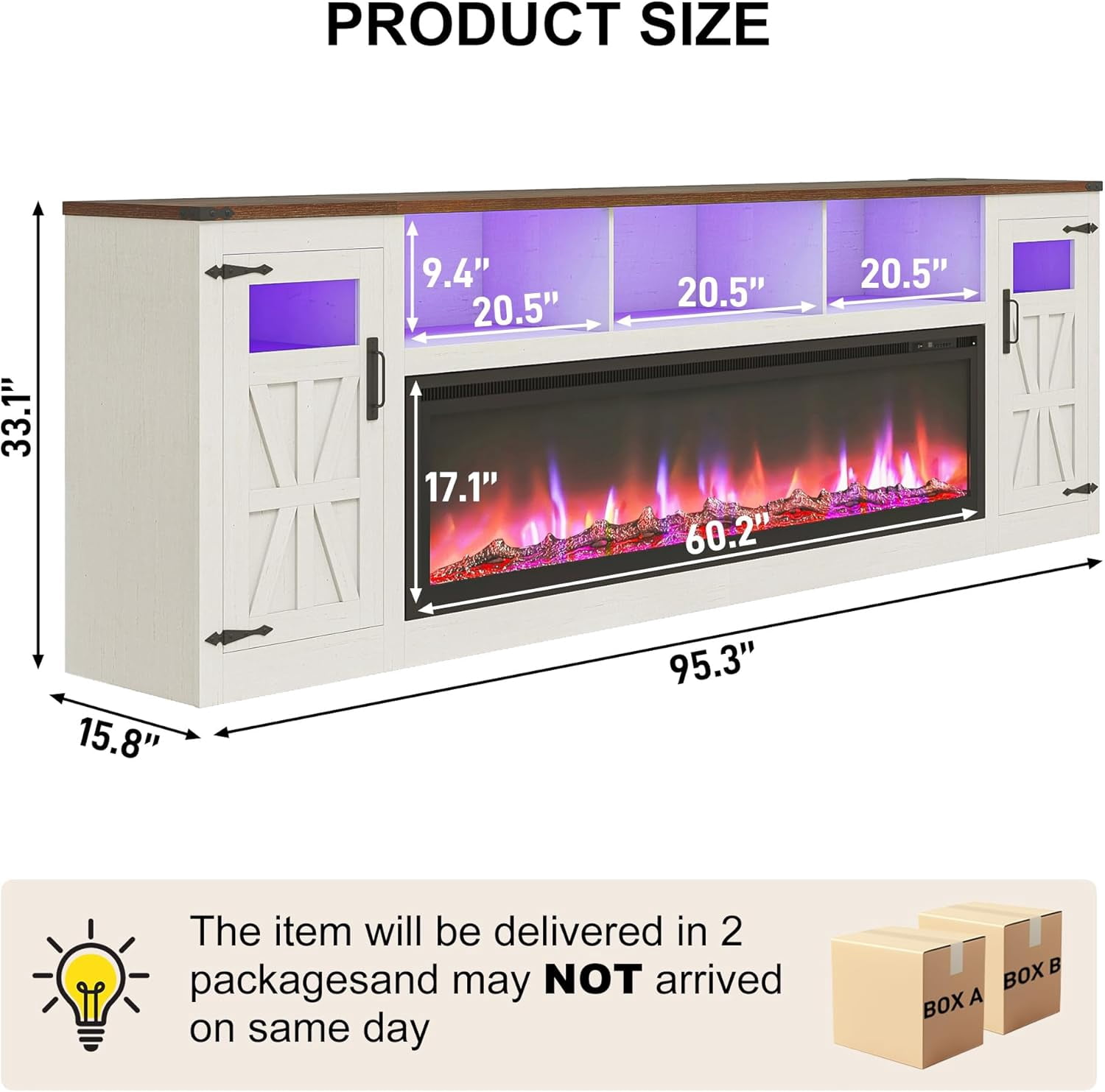 Blotout 95" Fireplace TV Stand for TVs up to 100" with 60" Electric Fireplace, Large Farmhous Media Entertainment Center w/LED Lights/Power Outlets & Barn Doors Storage Cabinet for Living Room,White