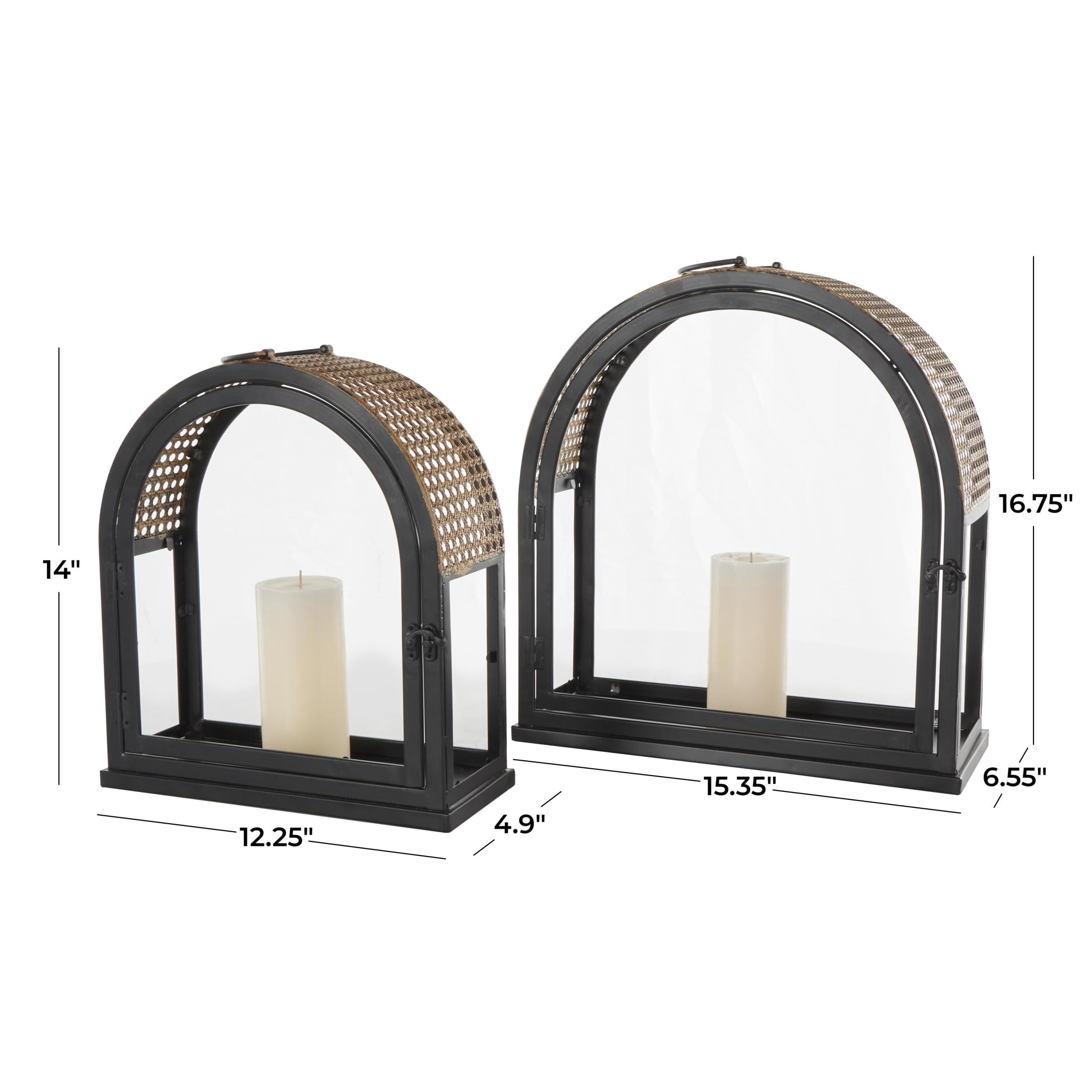 DecMode 2 Holder Black Metal Arched Candle Lantern with Cane Inspired Gold Tops, Set of 2