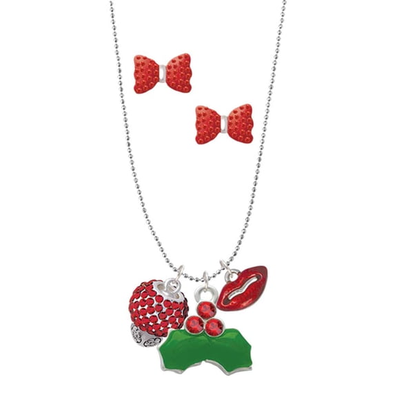 Delight Jewelry Silvertone Red Crystal Sparkle Spinner Christmas Kiss Charm Necklace and Stud Earrings