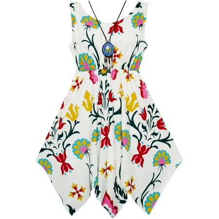 - Girls Dress Flower Print Hanky Hem With Necklace 7