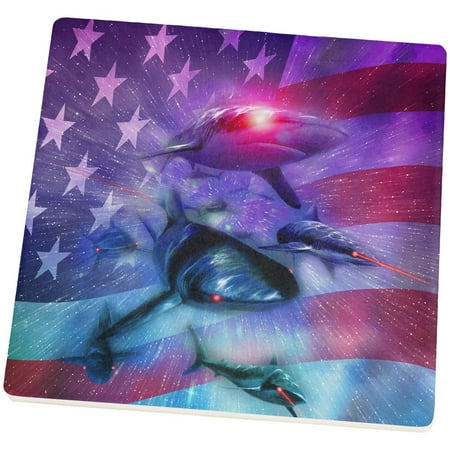 

July 4th Patriotic American Galaxy Laser Sharks Square Sandstone Coaster