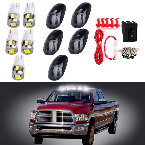 CCIYU 5x Smoke Cab Roof Running Light Clearance Marker Lamps Lens + White 6-5730-SMD LED Bulbs w/Base Housing + 1 Set Wiring Pack Switch Assembly Wire Harness