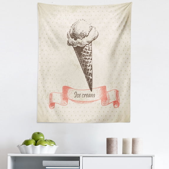 Ice Cream Tapestry, Nostalgic Grunge Ice Cream on Old Fashioned Polka Dots Background, Fabric Wall Hanging Decor for Bedroom Living Room Dorm, 5 Sizes, Cream Coral Brown, by Ambesonne