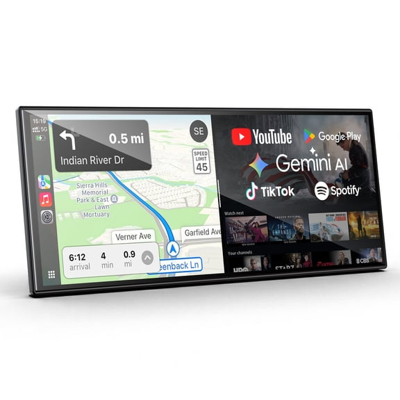 LAMTTO 11" Portable CarPlay Screen with Gemini AI, Google Play, Built-in GPS, Wireless CarPlay & Android Auto with Video Apps