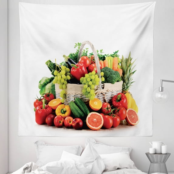 Food Tapestry, Colorful Veggies and Fruits in a Country Style Basket Rural Cuisine Cooking, Fabric Wall Hanging Decor for Bedroom Living Room Dorm, 5 Sizes, Red and Multicolor, by Ambesonne