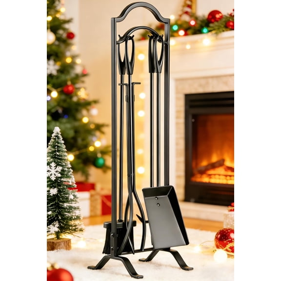 29 Inch Fireplace Tools Set 5 Pieces Indoor Outdoor Wrought Iron Fireplace Accessories Set Wood Stove Fire Place Set with Heavy Duty Tongs,Poker,Shovel,Brush and Stand,Black