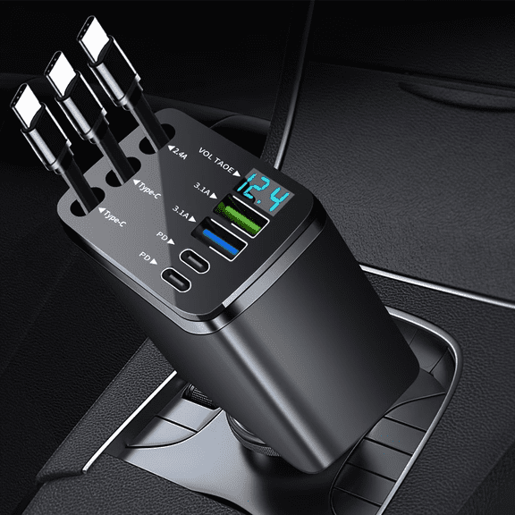 Quick-Retractable Car Charger with 2 USB-C Cables | Universal Socket, 13.8V Output, All-in-One Charging Solution