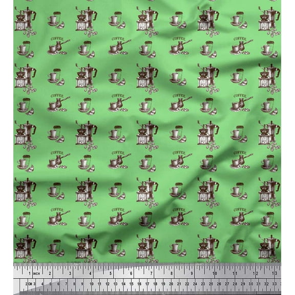 Soimoi Green Poly Georgette Fabric Coffee Glass,Cookies & Mixer Jar Kitchen Print Fabric by the Yard 42 Inch Wide