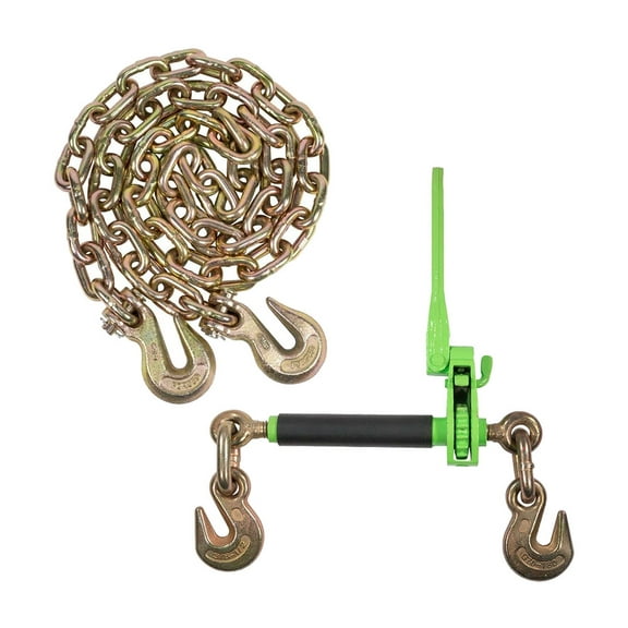 3/8"-1/2" Hi-Viz Green Heavy Duty Folding Handle Ratchet Load Binder w/Grab Hook 12,000 lbs WLL & 3/8 Inch x 12 FT Grade 70 Binder Chain with Clevis Grab Hooks 6,600 Lbs WLL