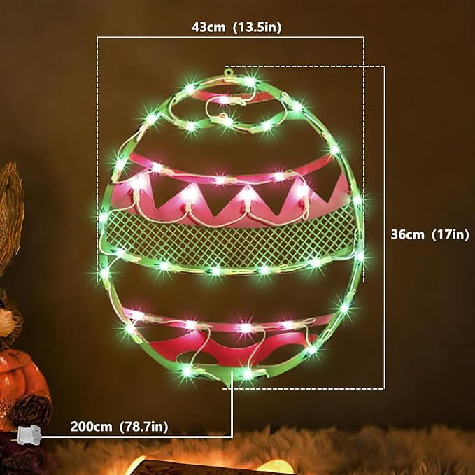 17 Inch Lighted Easter Egg Window Silhouette, Green Base with Pink Chevron Stripes