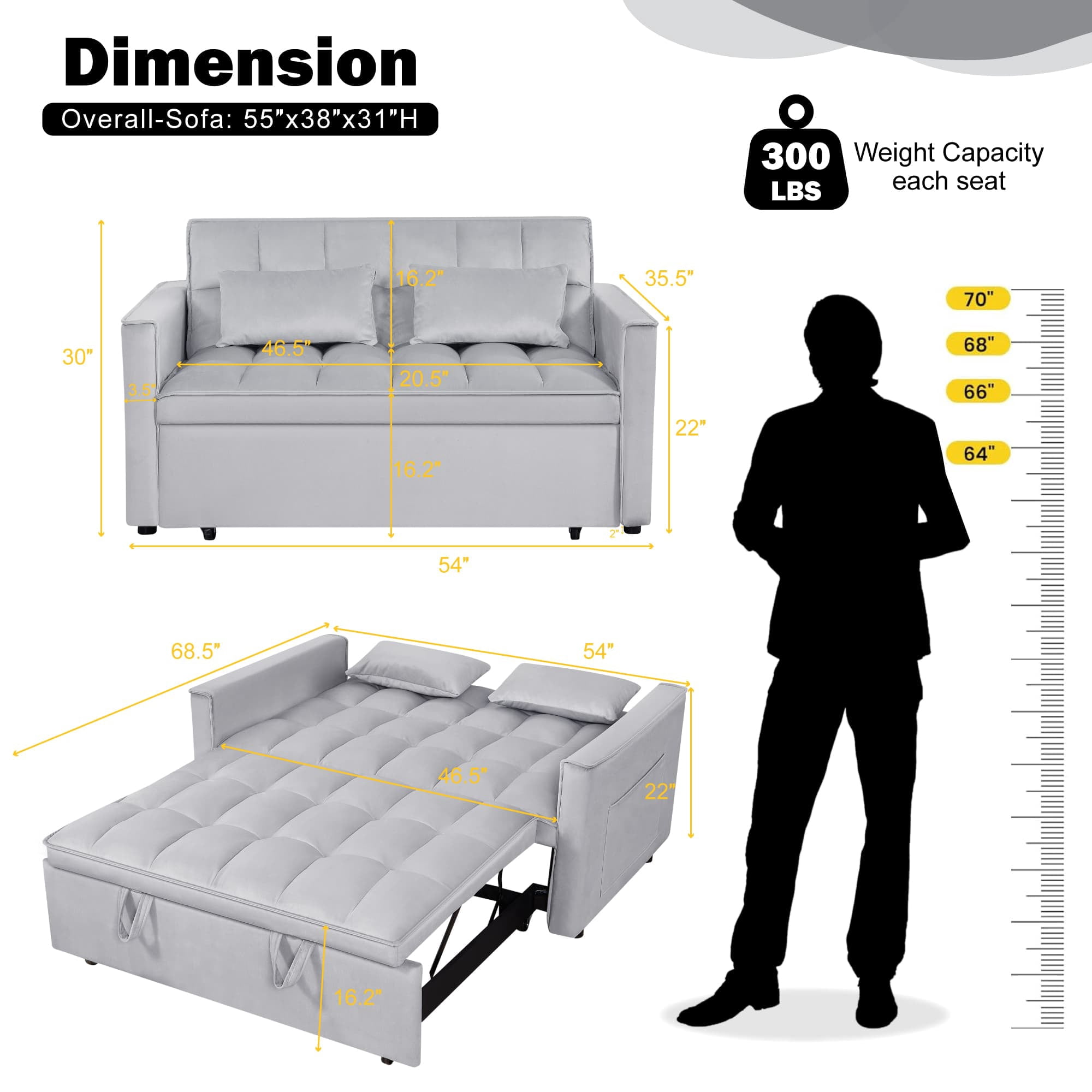 BSHTI 54" Fold out Sleeper Sofa Bed,Convertible Twin-Size Bed,With 3 Angles Adjustable Backres,Velvet Upholstery,Easy Assembly, Light Gray