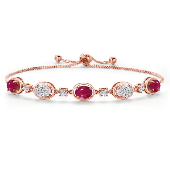 Gem Stone King 18K Rose Gold Plated Silver Red Ruby and White Lab Grown Diamond Bracelet for Women | 4.40 Cttw | Gemstone July Birthstone | Oval 7X5MM | Fully Adjustable 9 inch