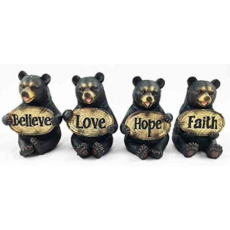 - Set of Four Bears Whimsical Cute Black Bear Holding Love Believe Faith and Hope Sign Plaque Small Figurines Western Decor Rustic Nature Lovers Gift