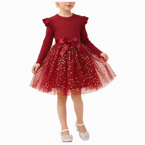 UAYOTSE Toddler Girls Long Sleeve Ruffle Shoulder Tulle Dress 3T 4T 5T 6Y 8Y Bow Waist Glitter Star Mesh Skirt for Holiday Party