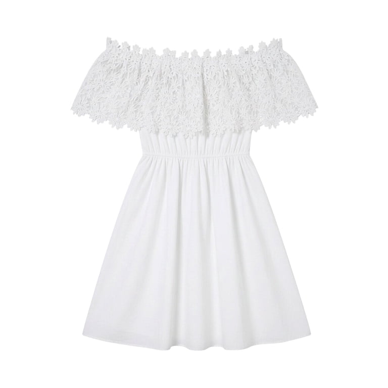 Blmnix Fit & Flare Dresses for Women 2026 Lace Dress Off the Shoulder Under Dress Short Sleeve White Mini Boat Neck Adjustable Waist Women Dresses