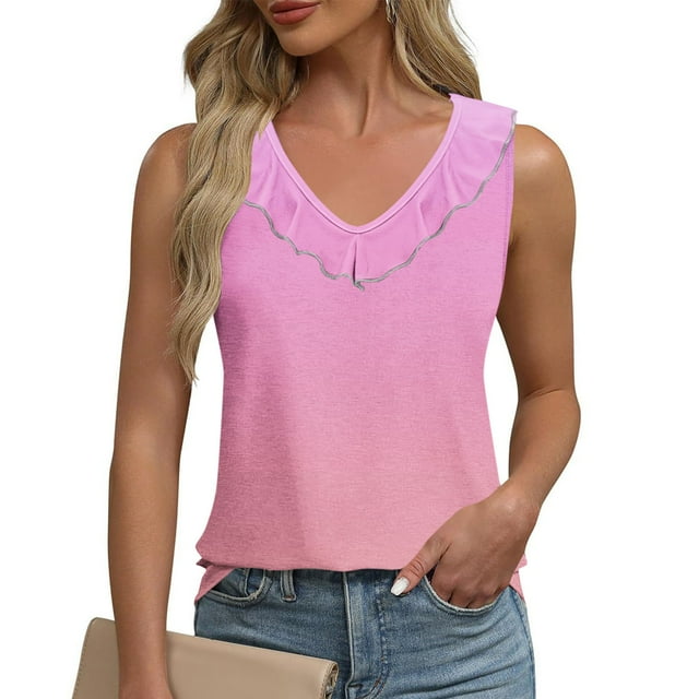 Sentmoon Débardeurs pour Femmes Été Col Rond Coupe Régulière Tendance Tops pour Femmes 2025 Boho Large Bretelle Volants Dégradé Sans Manches T-Shirts Chemises Décontractées pour Vacances à la Plage Rose S
