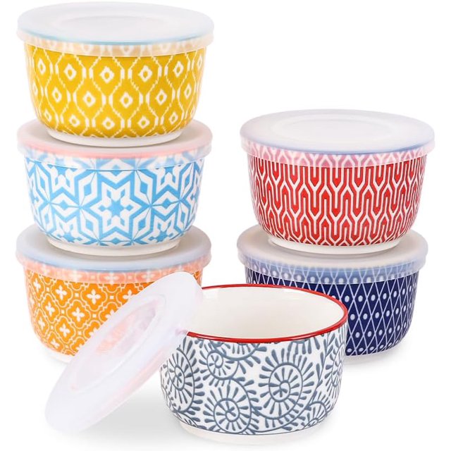 Selamica Ramekins with Lids, 8 oz Oven Safe Creme Brulee Ramekins with Covers, Souffle Dishes Pudding Custard Cups, Stackable Ceramic Small Ramekin Bowls Set for Baking, Dipping, Ice Cream, Set of 6,