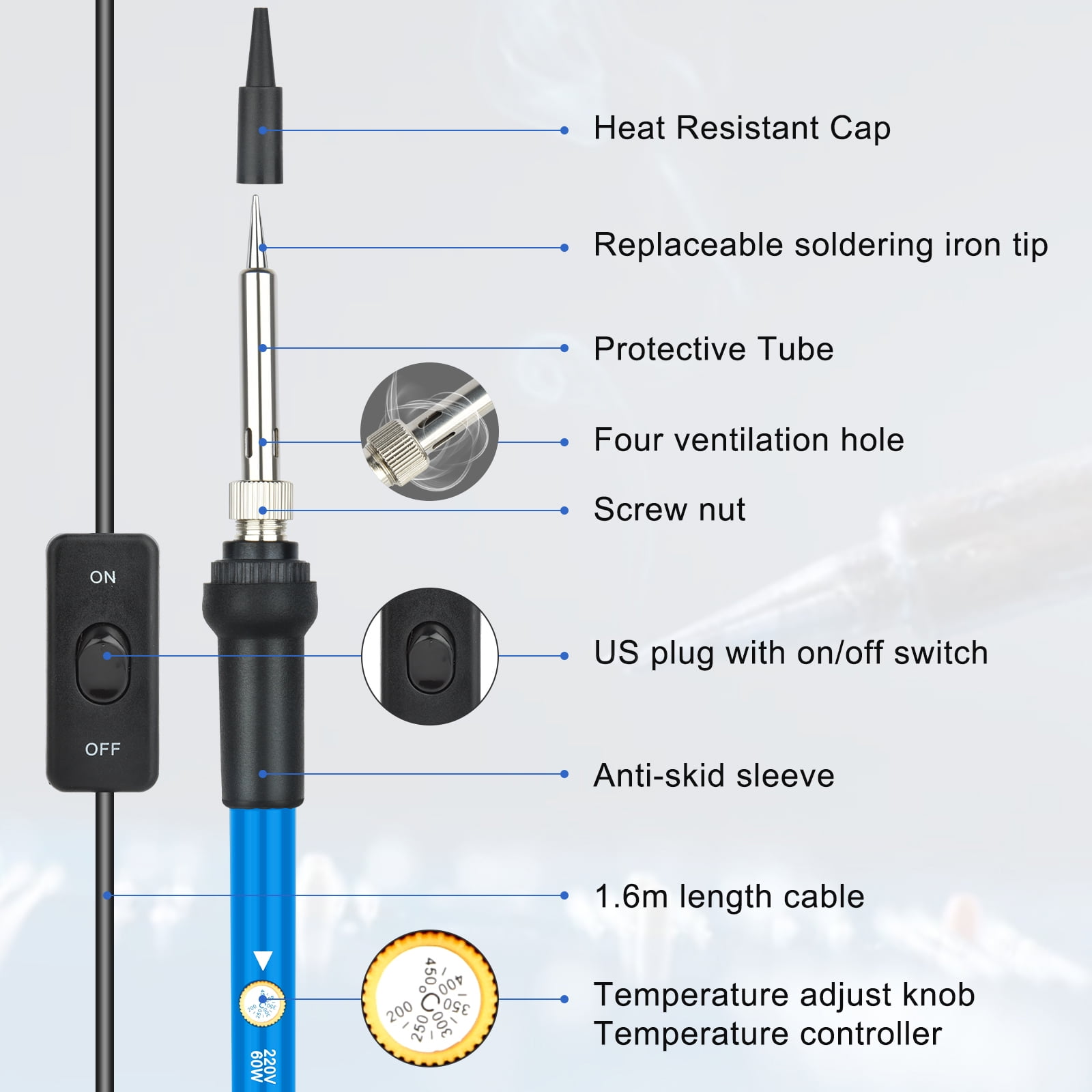Soldering Iron Kit, Soldering Kit with LCD Digital Multimeter 60W Adjustable Temperature Electric Soldering Iron Kit Multimeter Set Home Mobile Phone Computer Maintenance Soldering Tools Blue