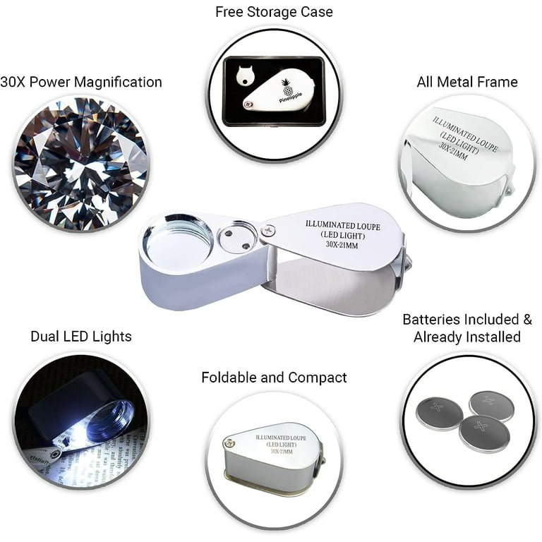  Jewelers Loupe with Light - Pocket Jewelers Magnifying Glass  Hands Free, Loupe Magnifier with Light LED UV, Portable Coin Magnifier  with Case for Coin Collection