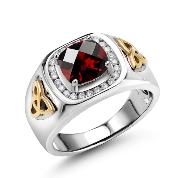 Gem Stone King Men's 925 Silver and 10K Yellow Gold Cushion Checkerboard Red Garnet and White Lab Grown Diamond Ring (2.76 Cttw, Gemstone Birthstone) | Size 13