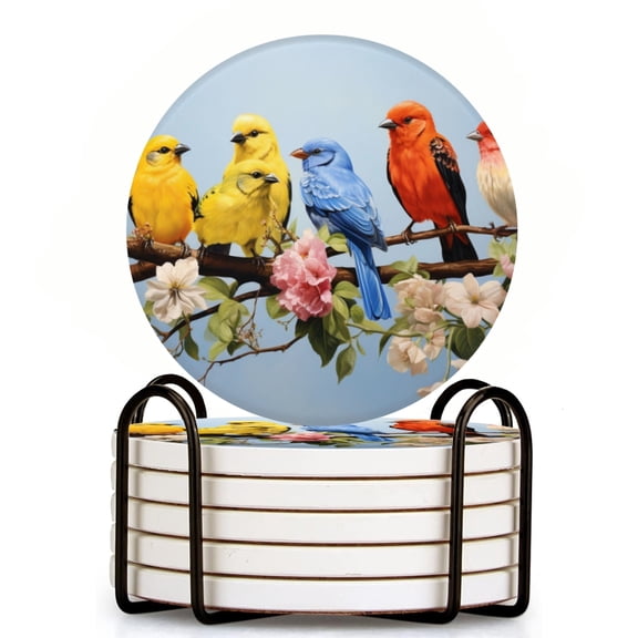 Colorful Birds Sitting On Branch With Flowers Set of 6 Ceramic Coasters with Holder, Absorbent Drink Bar Coasters, Table Coasters for Living Room Decor Tabletop Protection
