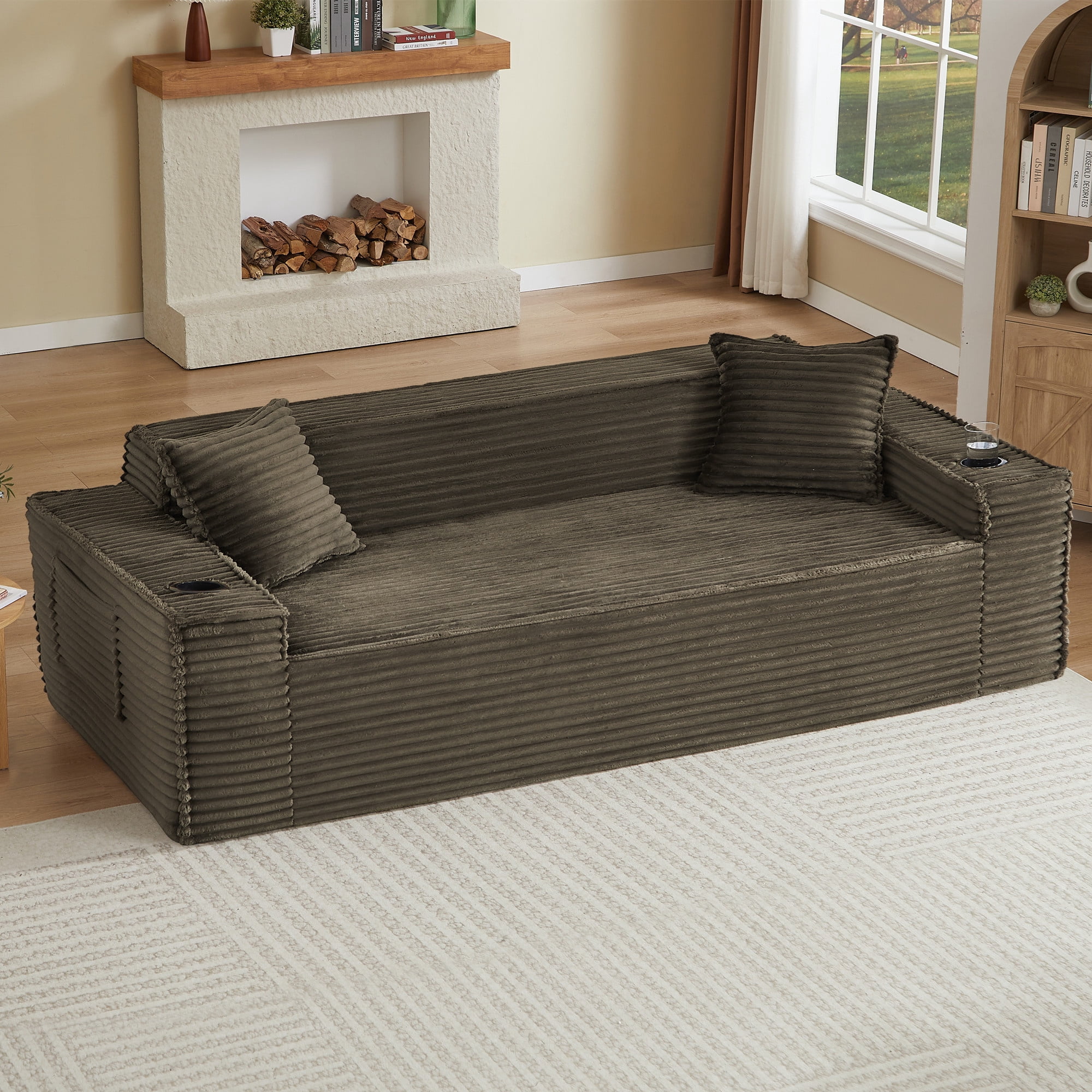 Aukfa 3 Piece Boneless Couch Set, 81" 3 Seat Cloud Sofa for Living Room, 2 Cup Holders&Storage Pocket, Corduroy, Brown