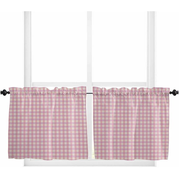 Pink Kitchen Curtain 24 Inch Length Small Short Cafe Tiers Curtains Drape, Grid Checkered Plaid Gingham Lattice Trellis Window Treatment Rod Pocket Drapery Panels Curtains, 27.5x24