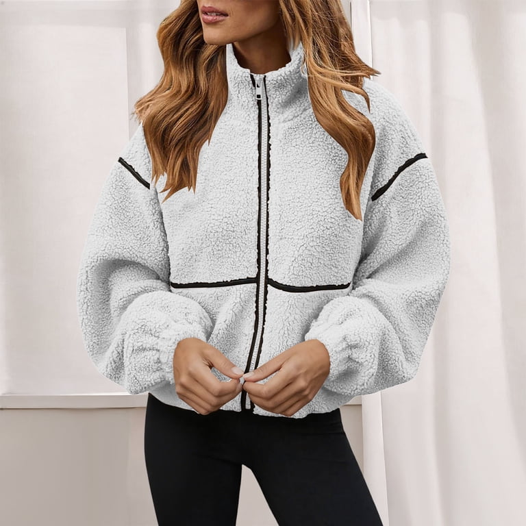Womens Full Zip Sherpa Coat Colorblock Stand Collar Fleece Crop