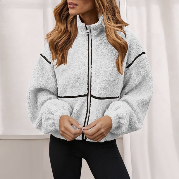 HongQid Womens Coat Casual Lapel Full Zip Fleece Jacket Long Sleeve Oversized Warm Winter Outwear with Pockets
