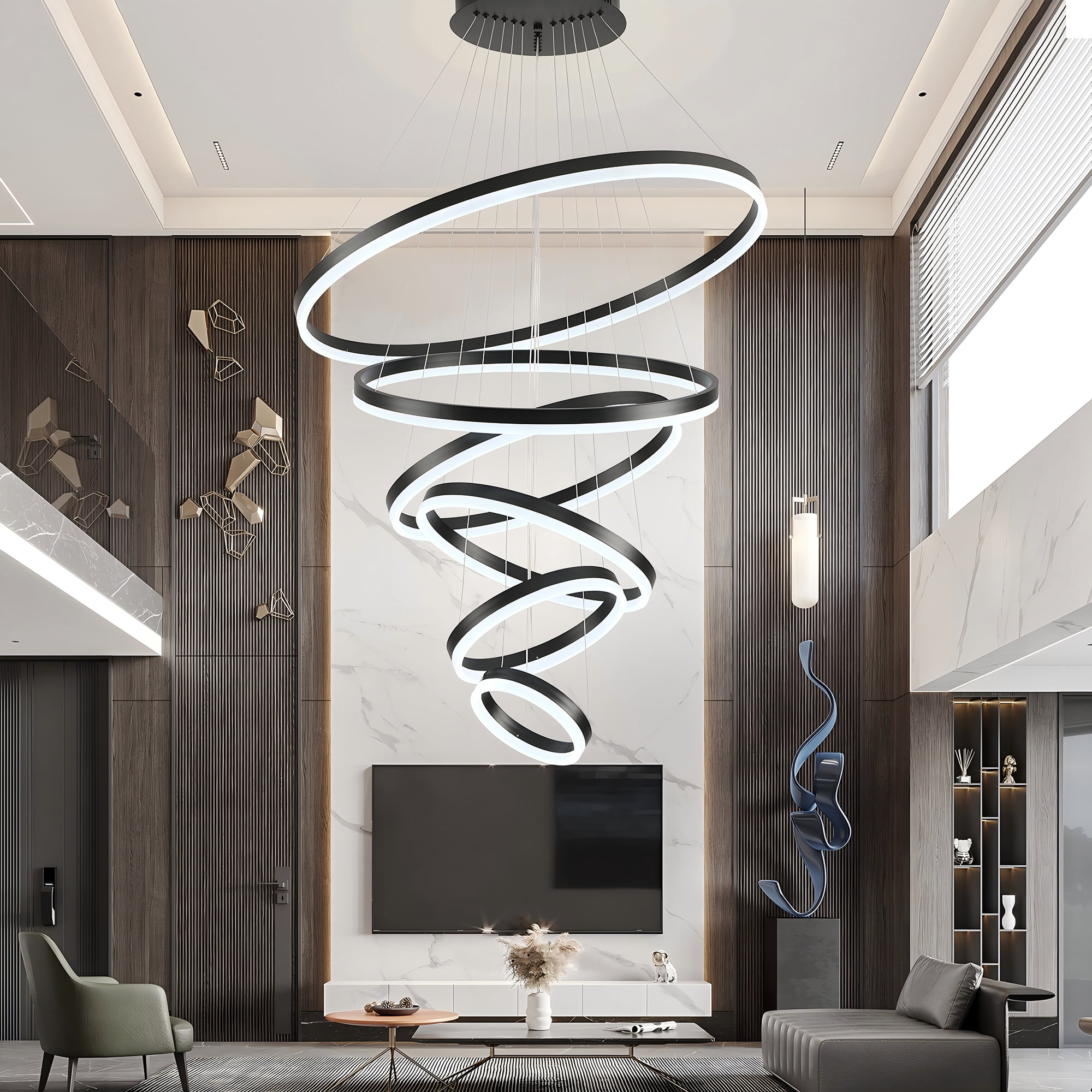 Modern 6-Ring LED Chandelier for High Ceilings, Adjustable Black Pendant Light with Remote, Dimmable Flush Mount Fixture for Foyer, Entryway, Living Room Dining Room