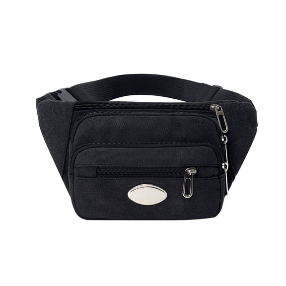 Black Multi-Pocket Canvas Fanny Pack Waist Bag For Men And Women Adjustable Strap Water-Resistant For Hiking Running Cycling Travel Sports Phone And Tool Storage 0.22 Lb