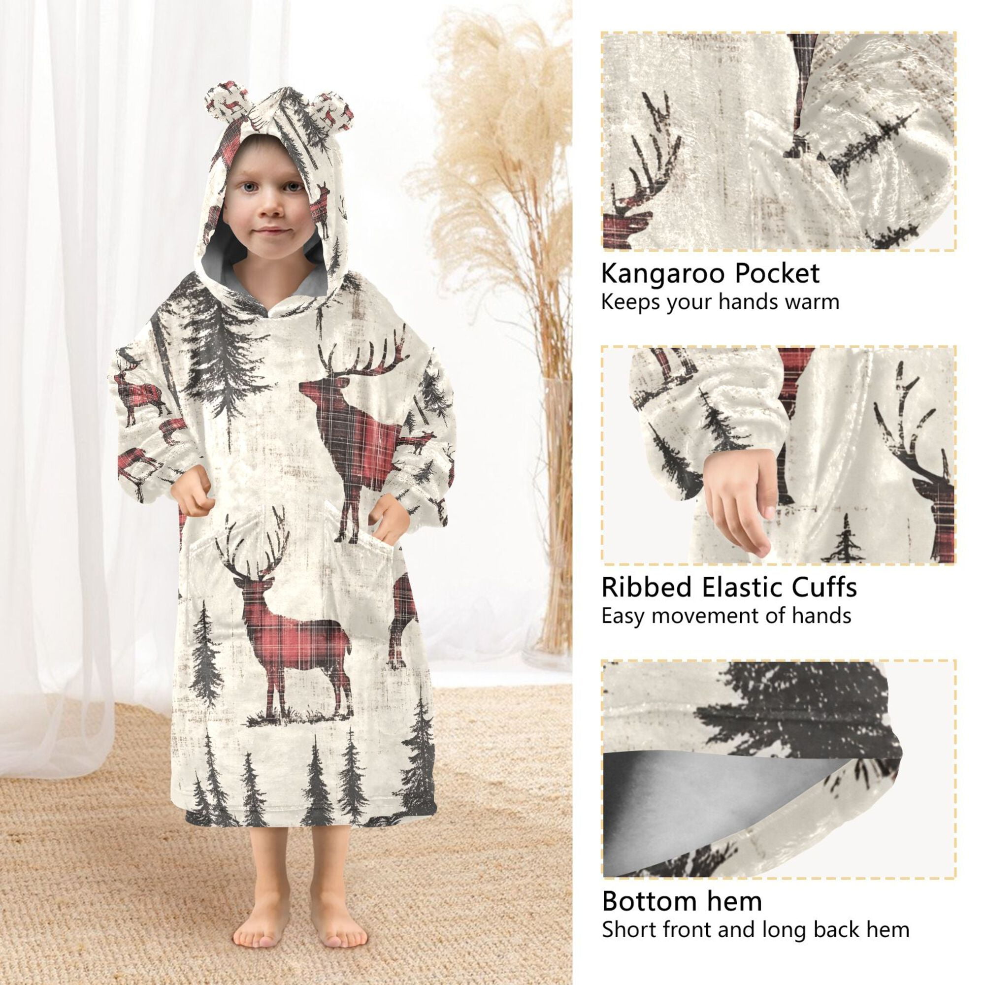 FORMRS Wearable Blanket Hoodie with Sleeves for Kids Cozy Flannel Sweatshirt, Plaid Deer