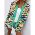 thumbnail image 5 of Women'S Multicolored Striped Crochet Knit Cardigan Crew Neck Flared Sleeve Button Y2K Sweater Coat Green S, 5 of 9
