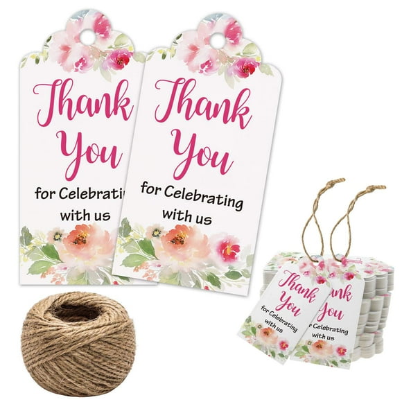 Floral Merci de Célébrer avec des Étiquettes Us 100 Pcs Étiquettes Blanches Merci pour Cadeau de Mariage Baby Shower Fête, Étiquettes Cadeaux en Papier avec Ficelle de Jute de 100 Pieds
