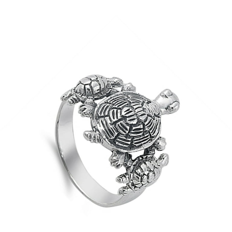 Large Wide Turtle Animal Family Friendship Ring Sterling Silver