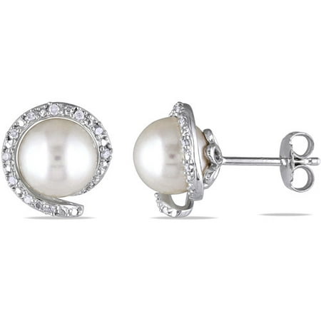 Miabella 8-8.5mm White Round Cultured Freshwater Pearl and Diamond-Accent Sterling Silver Stud Earrings