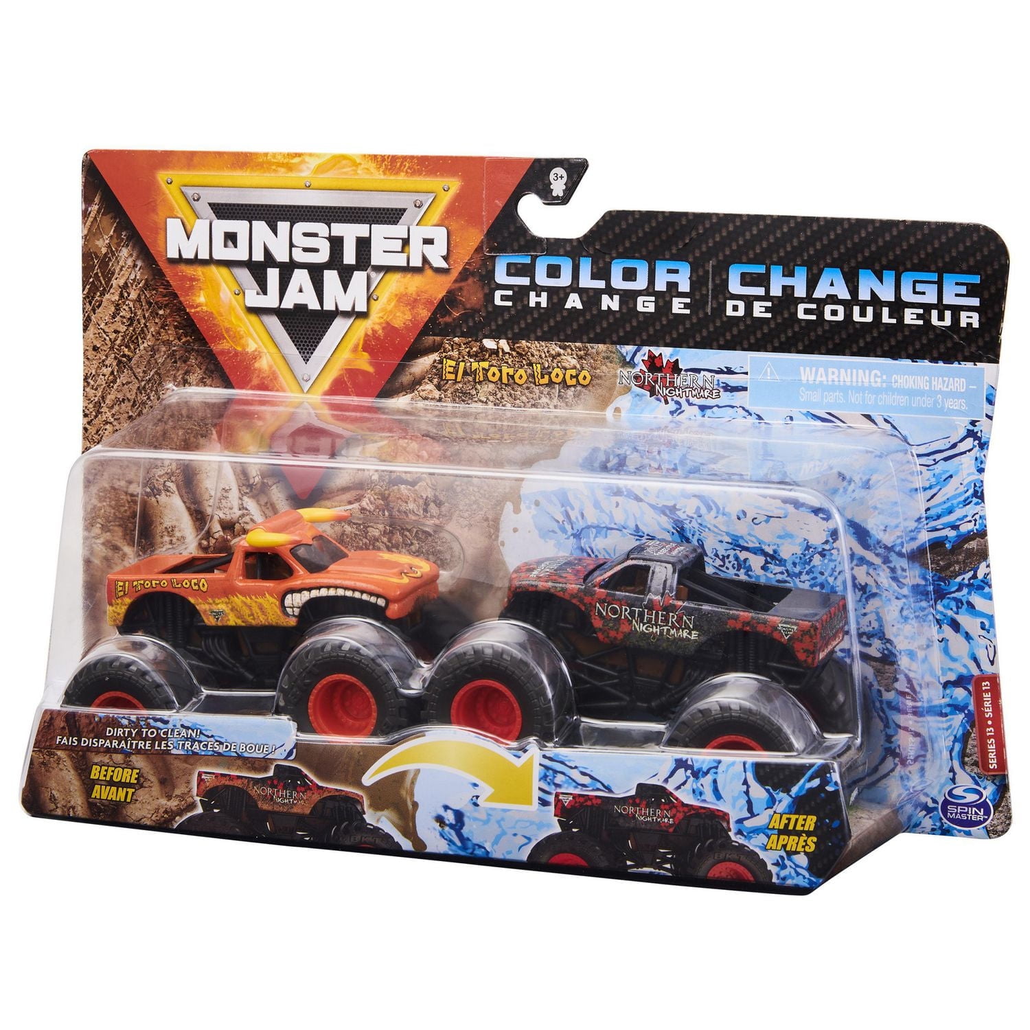 Monster Jam, Coffret de 2 monster trucks officiels en métal moulé El Toro Loco vs Northern Nightmare qui changent de couleur, échelle 1:64