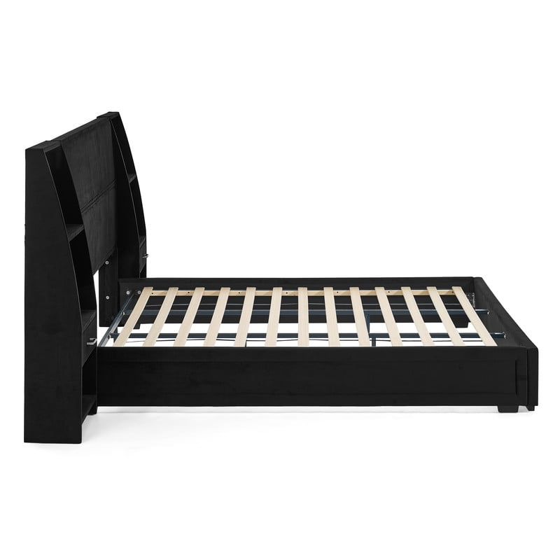 Queen/King Size Modern Upholstered Platform Bed Frame, Velvet Storage Bed with Headboard, Side Bookcases & Drawers Nightstand