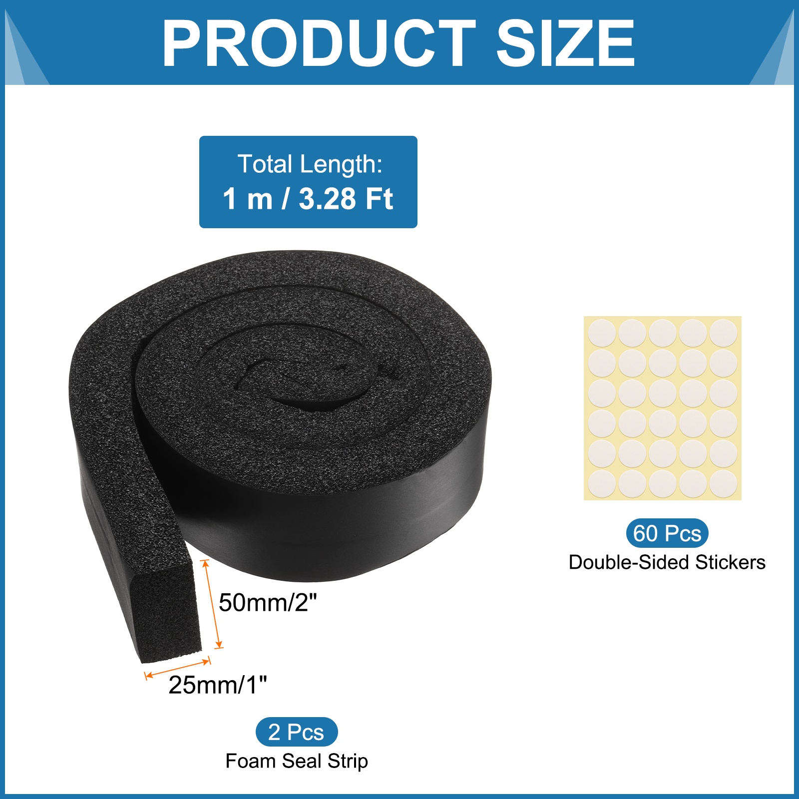 2 Set 3.28ft Foam Seal Strip, 1 Inch Width x 2 Inch Thick Weather Stripping Foam Insulation Tape, High Density Air Conditioner Open Cell Foam Seal Tape for Doors, Windows, Black