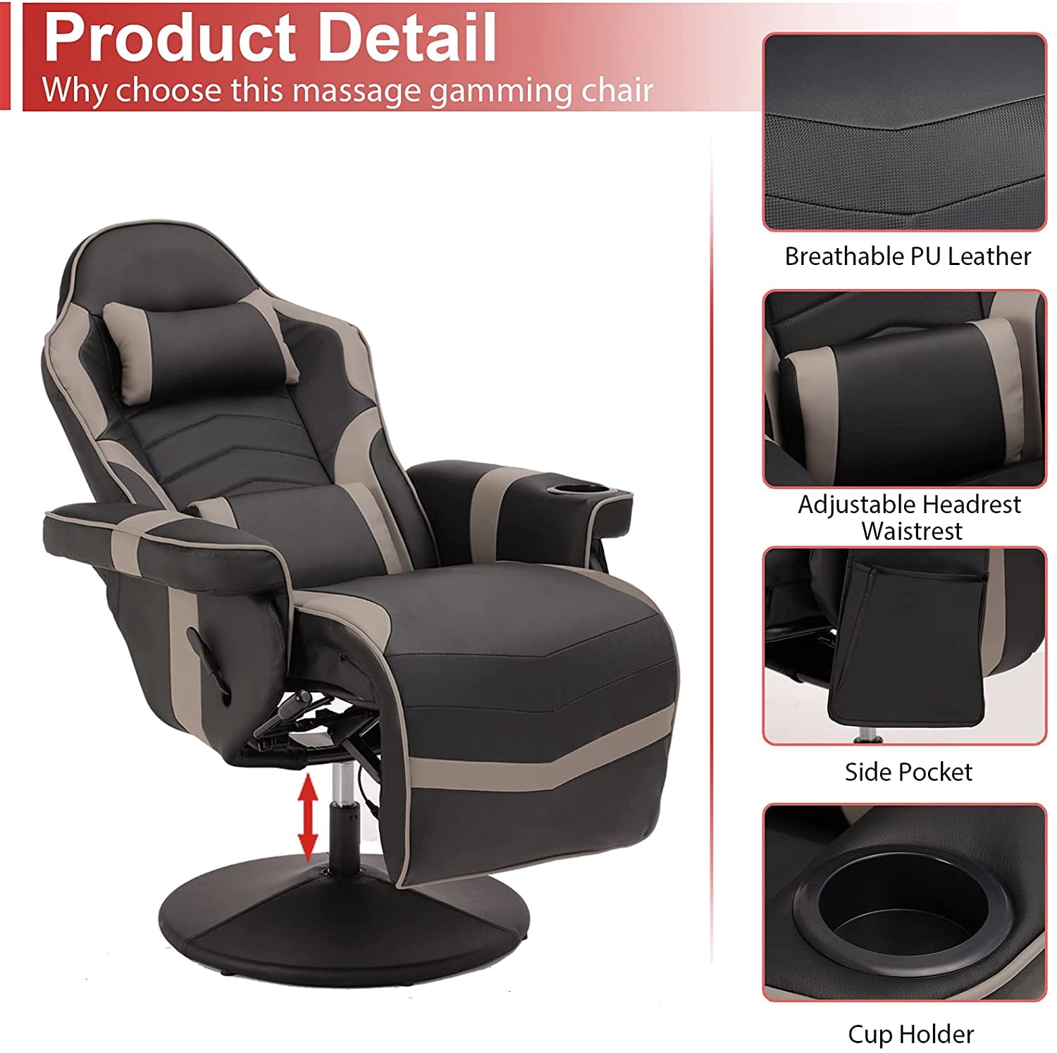 LVUYOYO Massage Video Gaming Recliner Chair Ergonomic Backrest & Seat Height Adjustment Swivel Recliner PU Leather High Back Computer Office Chair with Cupholder, Headrest, Lumbar Support, Footrest