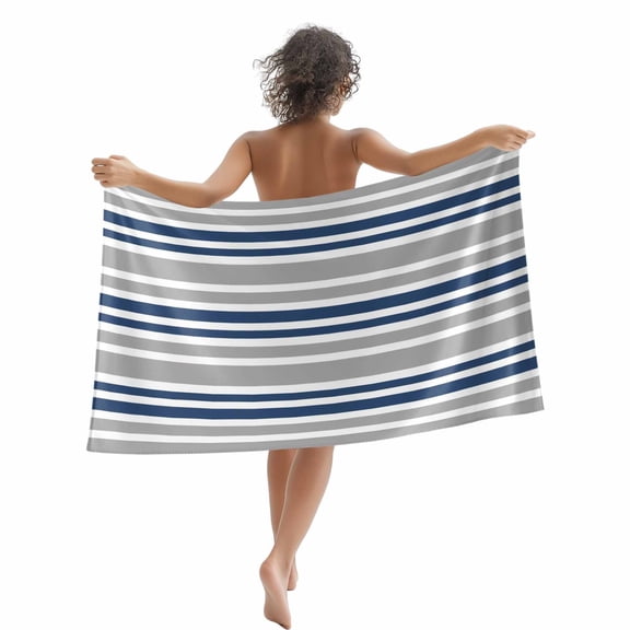 Beach Towel Navy Blue Stripes Bath Pool Towels Contrast Gray Lines Striped Absorbent Beach Towel Soft Large Quick Dry Lightweight Camping Travel Sports Yoga Gym Swim Towels for Adult 35x70 Inch