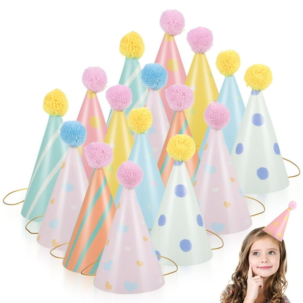 16 gorros de cumpleaños para niños, gorros de papel estampados con pompones, gorros de fiesta, artículos de carnaval
