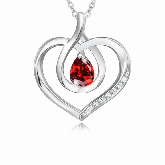 Heart Shape Diamond Necklace- Pear Red Garnet Pendant in 925 Sterling Silver- Forever Love Pendant Necklace- Birthstone Chain Necklace