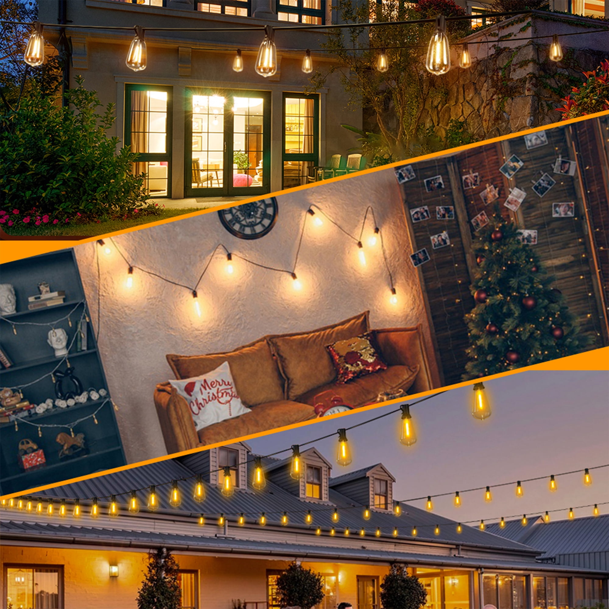 Luziki Lighting 106 Ft Outdoor LED String Lights with 54 ST38 Vintage Edison Bulbs (2700K Warm White) - Waterproof, Connectable, for Patio, Garden, Pergola, Bistro, Café & Backyard - Black Wire