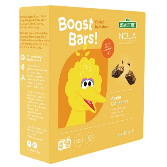 Barres Collation pour Enfants 20 g, Lot de 5 - Sans Gluten, Entièrement Naturelles et Véganes - Pomme Cannelle, Nola Sesame Street Boost Bars