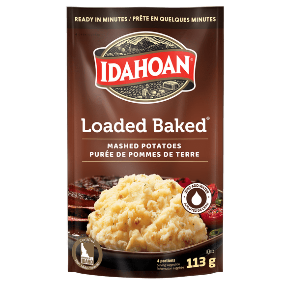 IDAHOAN LOADED BAKED POUCH, Experience the mouthwatering taste of 100-percent Real Idaho® potatoes mixed with butter, sour cream, rich cheeses, onions, chives, and bacon flavor.